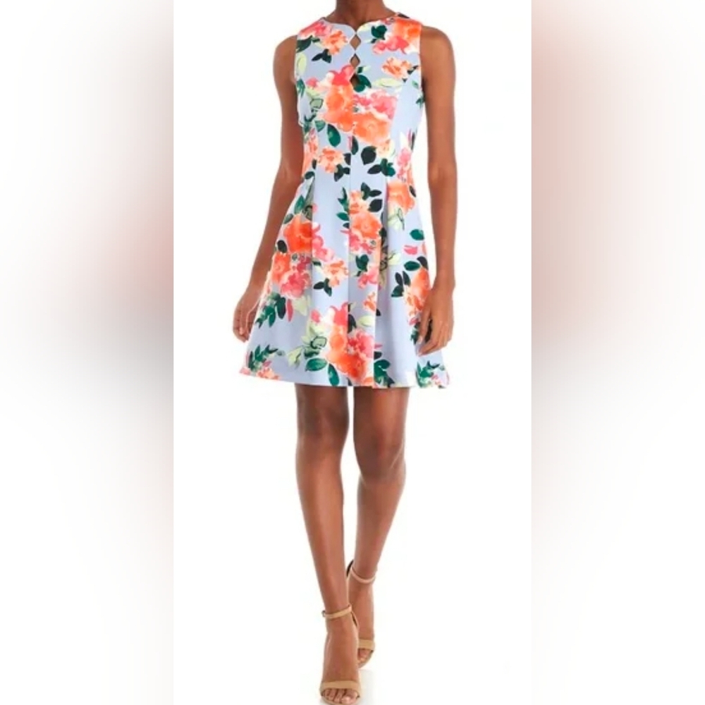 Vince Camuto Lavender Floral Midi Dress with Coral Blooms